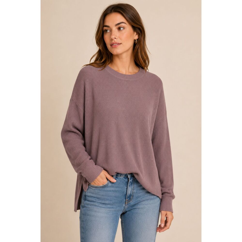 Madewell Warmlight Sweater Womens Sz S Mauve Ribbed Hi Low Crewneck Top N3